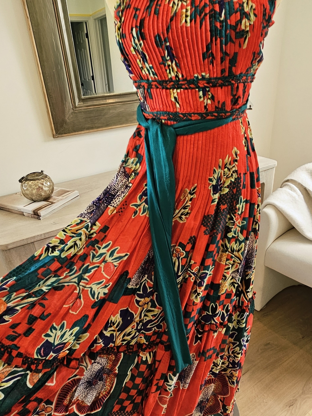 Bhanuni By Jyoti Red Floral Maxi Dress with Green Sash Maxi Dress XS - Picture 15 of 15